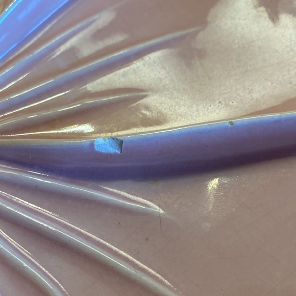 VINTAGE pink floral ceramic serving dish with brass ring handle. Made in USA. - Picture 11 of 11